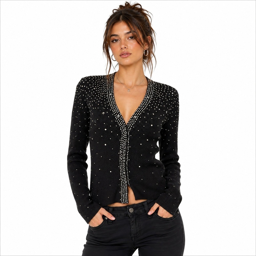 Blushe by Spiegel Women's Cardigan Black Rhinestone Ribbed Cotton V-Neck Med